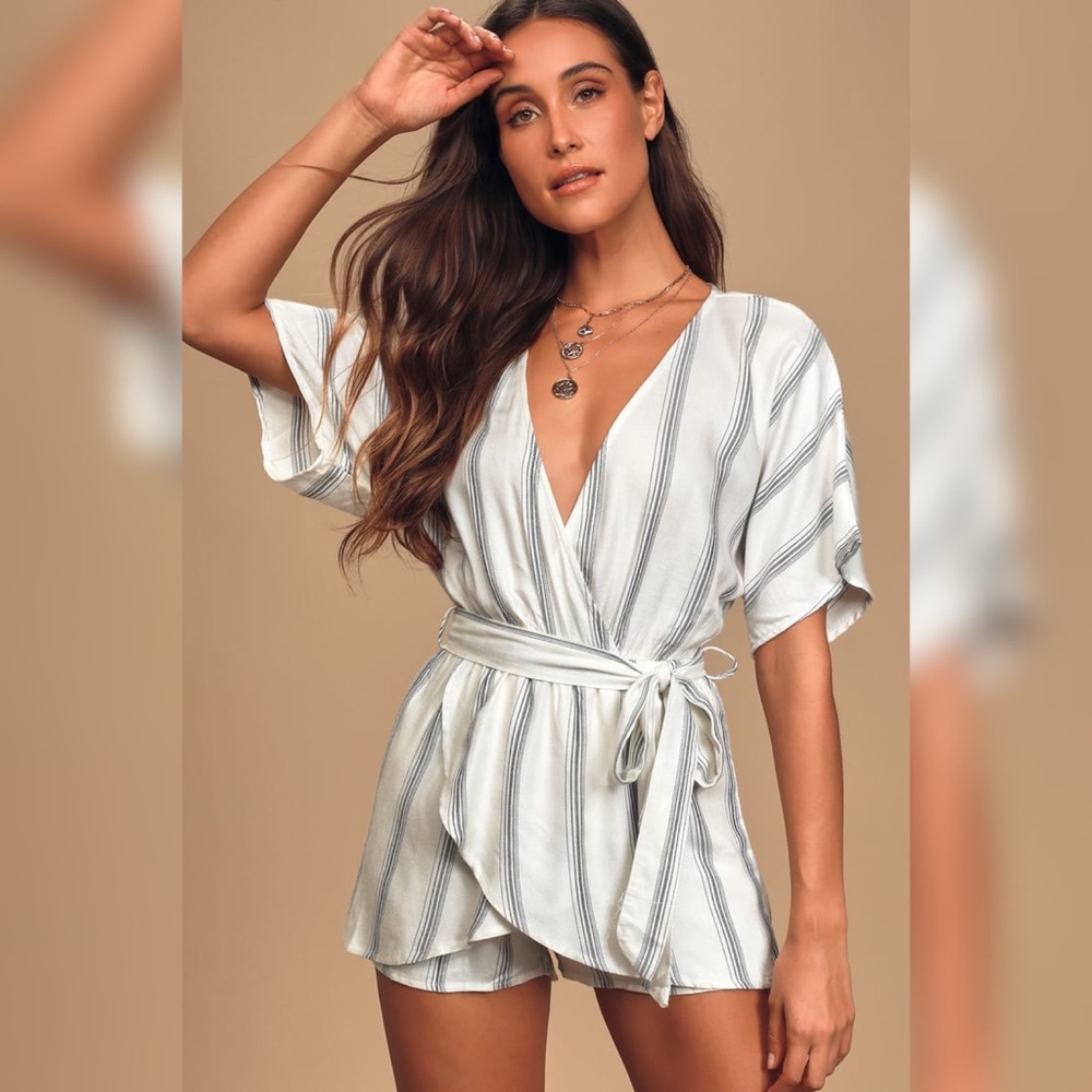 Lulus Climb Aboard Grey and White Striped Romper! - Picture 1 of 12